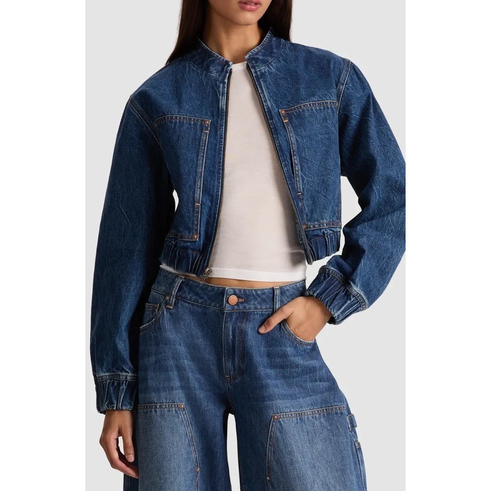 Alice +‎ Olivia Cambria Vintage Denim Bomber Jacket Blue XL CD508101224 NWT